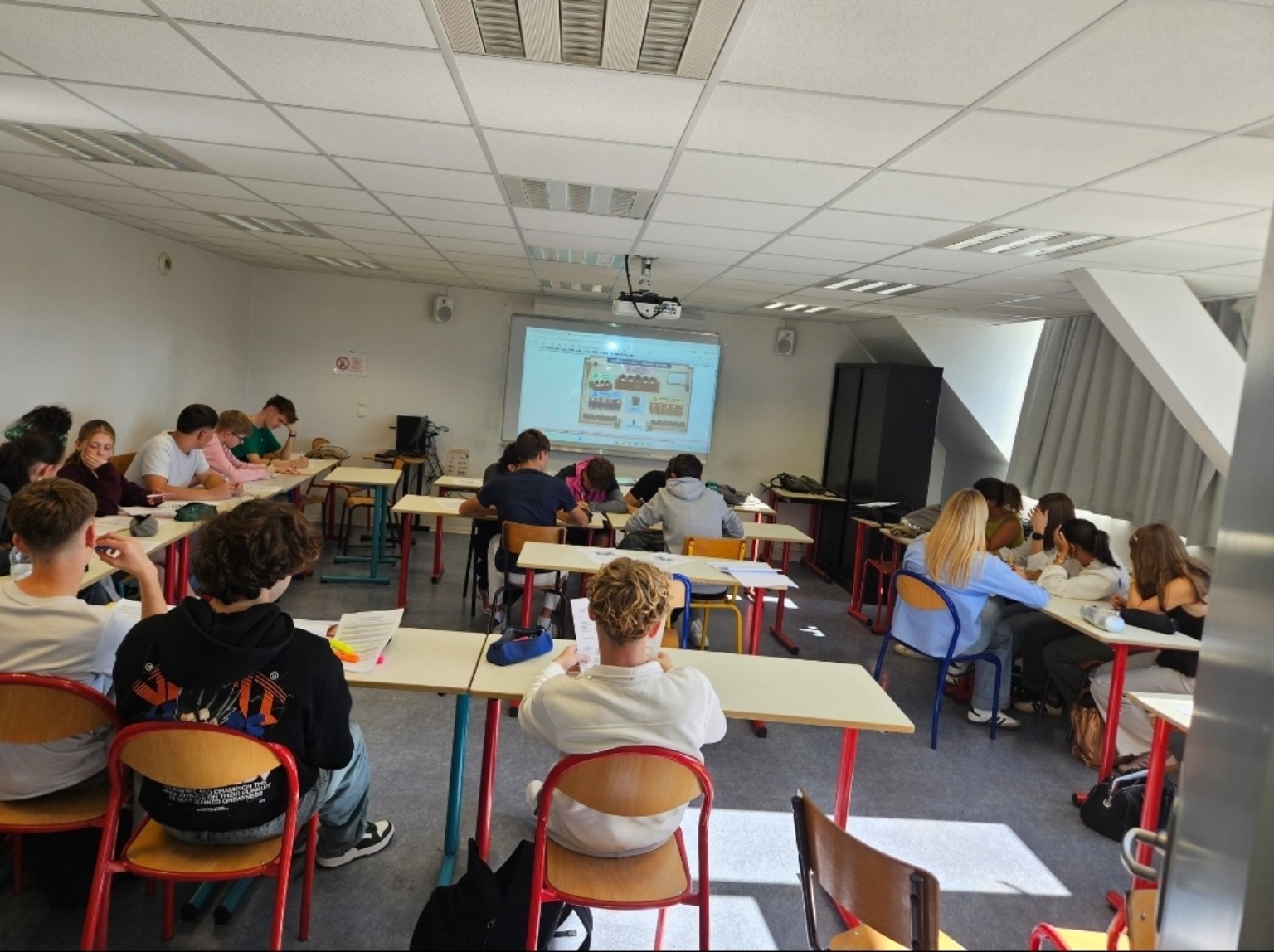 La classe de TSTMG4 organisée en groupes pour le tribunal virtuel